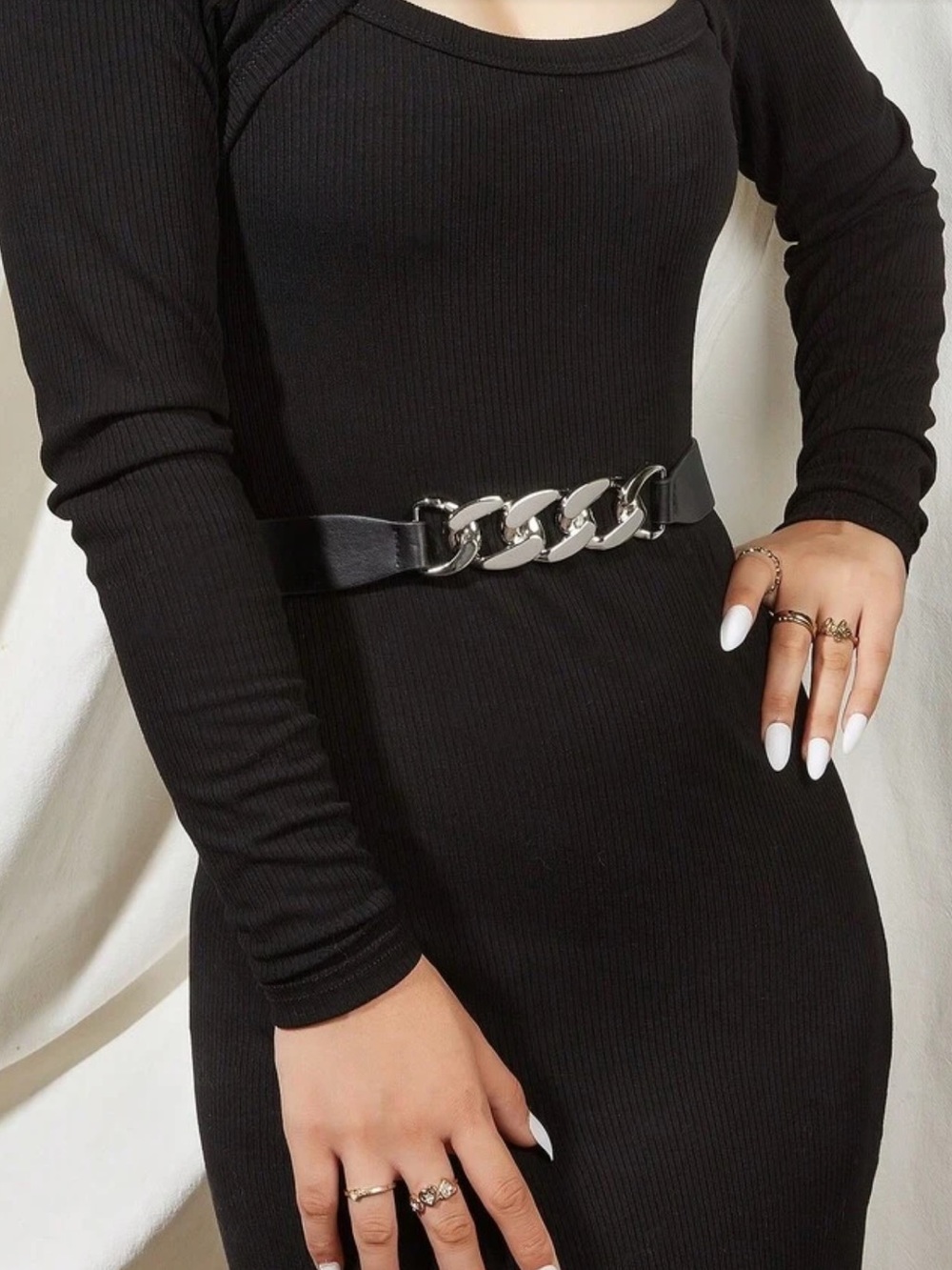 Black silver chain detail high waist belt with vegan leather